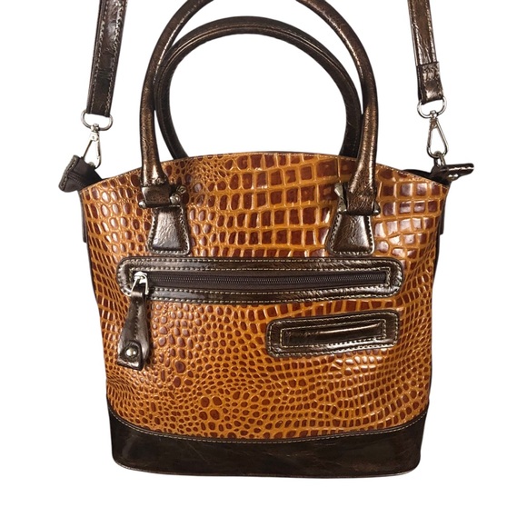 Women's Madi Claire Three-Toned Brown Crocodile Embossed Genuine Leather Bag. - Picture 15 of 16